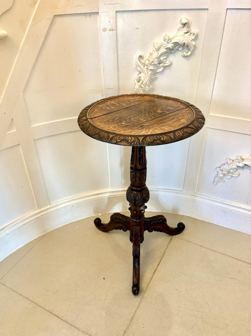 Antique Victorian Quality Carved Oak Tripod / Lamp Table